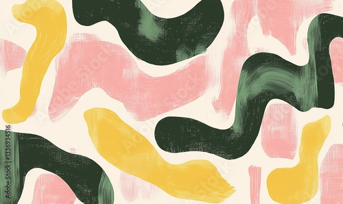 Fluid shapes, soft colors dance across canvas. Organic blobs in pink, green, yellow on a serene background