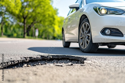 A white car approaching a large pothole in the road, cracked asphalt road surface with a hole.