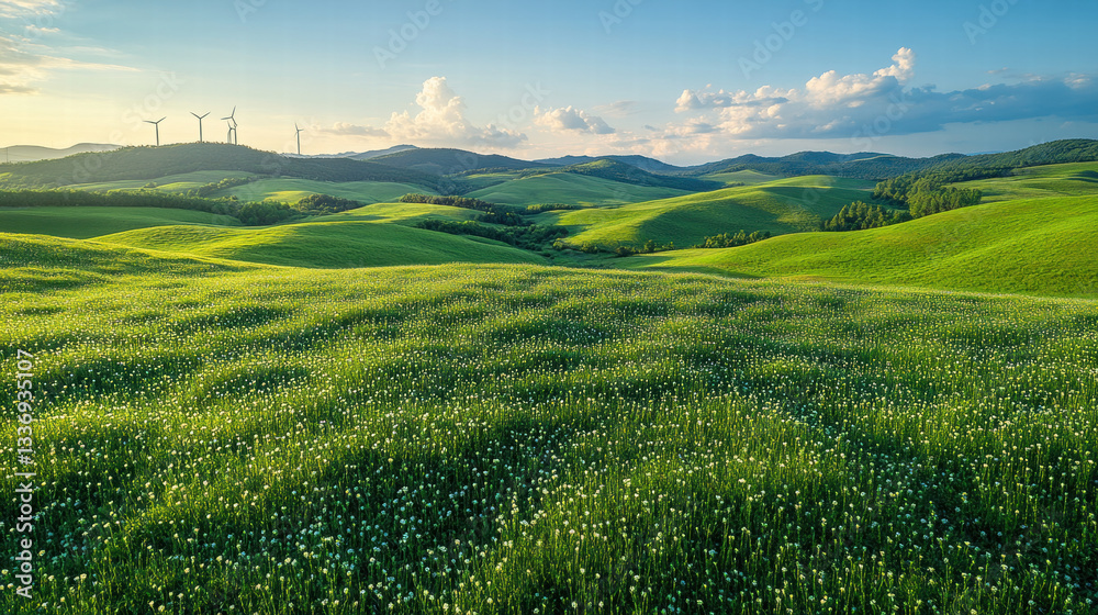 Obraz premium serene landscape featuring rolling green hills, wind turbines, and clear blue sky. lush grass and gentle slopes create peaceful atmosphere, ideal for nature lovers