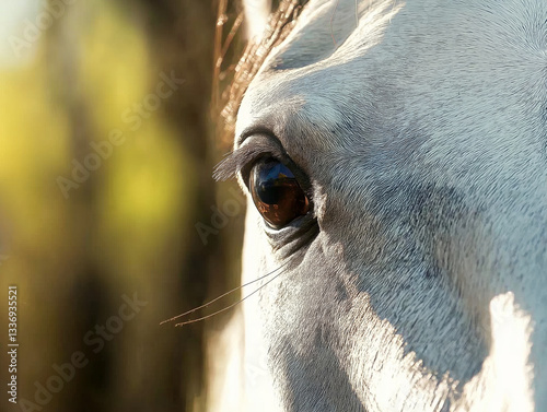 Close-up of a white horse's eye with fine details, soft fur texture