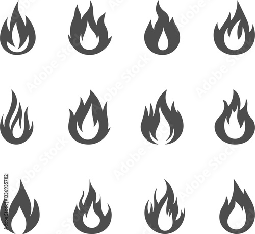 Set glyph icons of flame or fire isolated on transparent background. Vector illustration