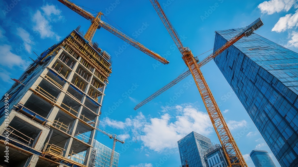 Fototapeta premium Construction Site Cranes Skyscrapers Construction