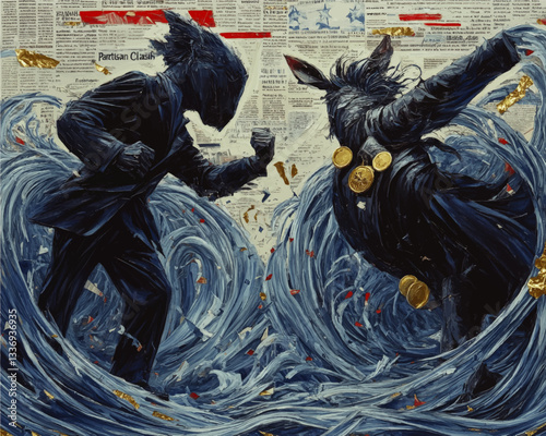 Dramatic Vector Art of Political Animal Figures in Intense Partisan Clash: Donkey and Elephant Symbolize Fierce Debate Amid Torn Newspaper and Gold Coin Accents