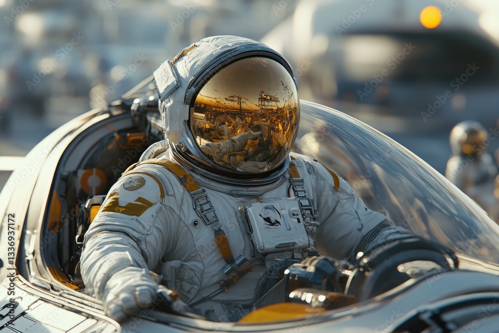 Fototapeta premium Astronaut sitting in a car, wearing a space suit and helmet