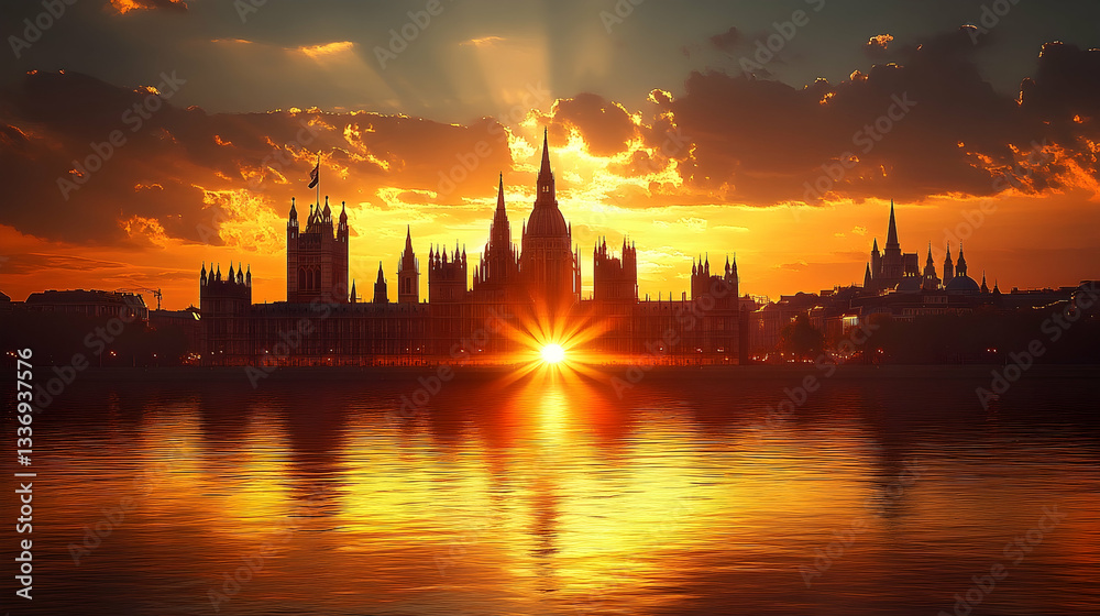 Fototapeta premium Stunning sunset over the iconic skyline featuring gothic architecture and reflection on water