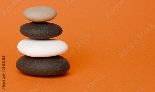 Four smooth stones are stacked in balance on orange background. Focus is on the simple arrangement of colors and shapes