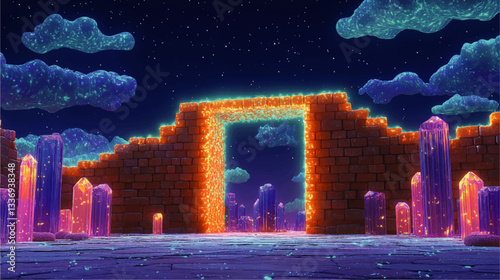 Mystical Night Sky with Glowing Brick Portal and Enchanted Crystals under Starry Clouds in a Fantasy World - Mesmerizing Vector Illustration for Fantasy Lovers