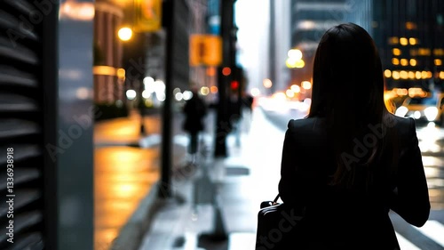 Wallpaper Mural A woman in professional attire walks alone down an urban street at night, highlighted by city lights and reflections, evoking a sense of confidence and solitude. Torontodigital.ca