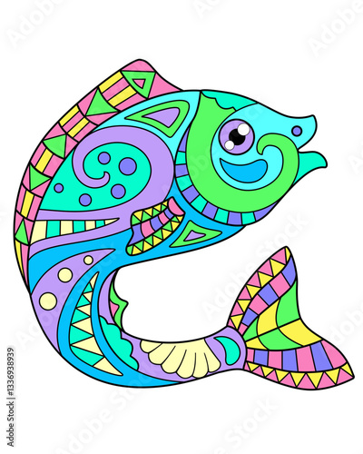 Fish - vector linear full color zentangle picture - with sea animal living in the ocean. Template for stained glass, batik or coloring. Fish painted with zentangles - representative of the underwater	