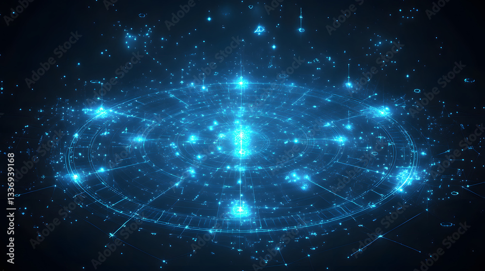 Obraz premium Bright Blue Cosmic Network With Glowing Stars and Circular Patterns Creating a Stunning Visual Representation of the Universe and Its Interconnectedness