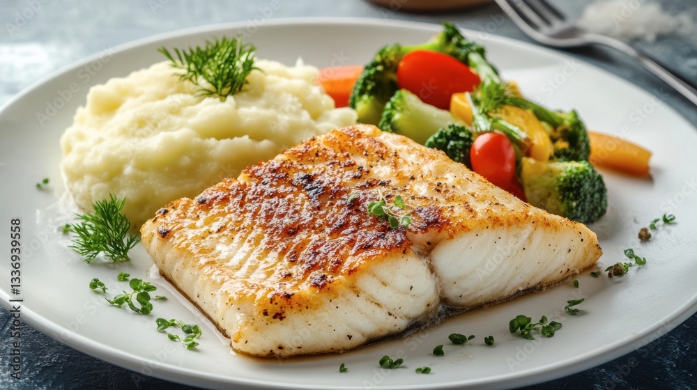 A beautifully plated dish of seared fish with mashed potatoes and a side of vegetables A beautifully plated dish of seared fish with mashed potatoes and a side of vegetables