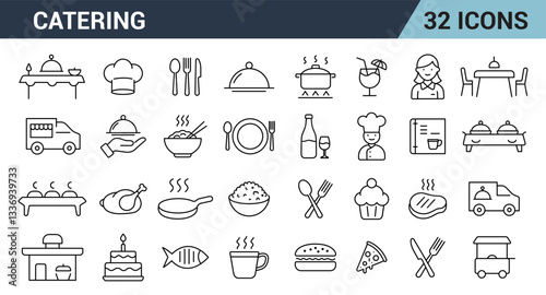 Catering Line Editable Icons Set. Includes Restaurant, Buffet, Food Truck, Kitchen, Dishes, Food Service, and More. Vector Illustration.