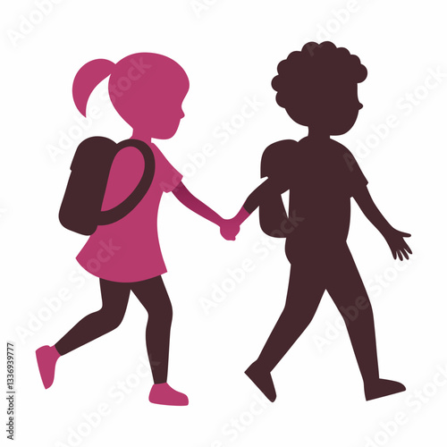 A playful silhouette of a young girl and boy holding hands and walking, with backpacks visible on their backs