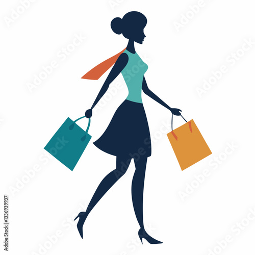 a vector silhouette of a woman confidently walking while carrying shopping bags, 