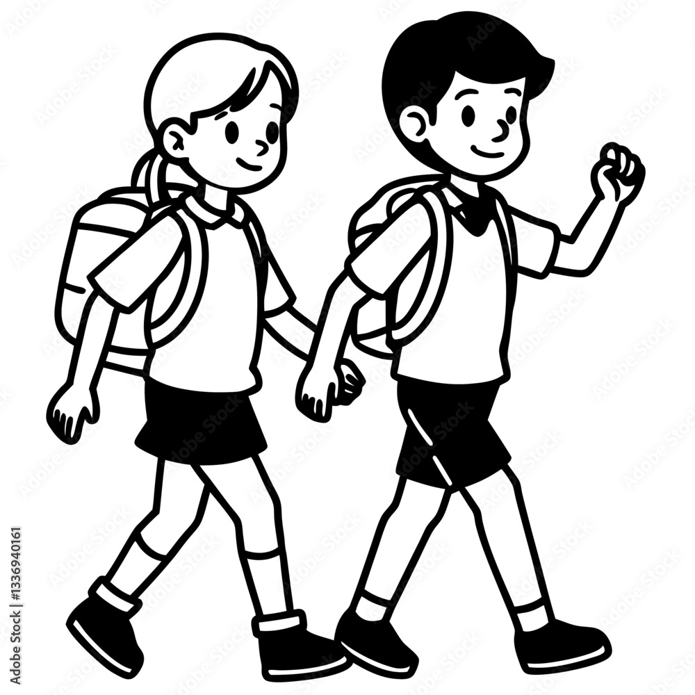 Minimalistic vector silhouette of two children walking side by side, Minimalistic vector silhouette of two children walking side by side,