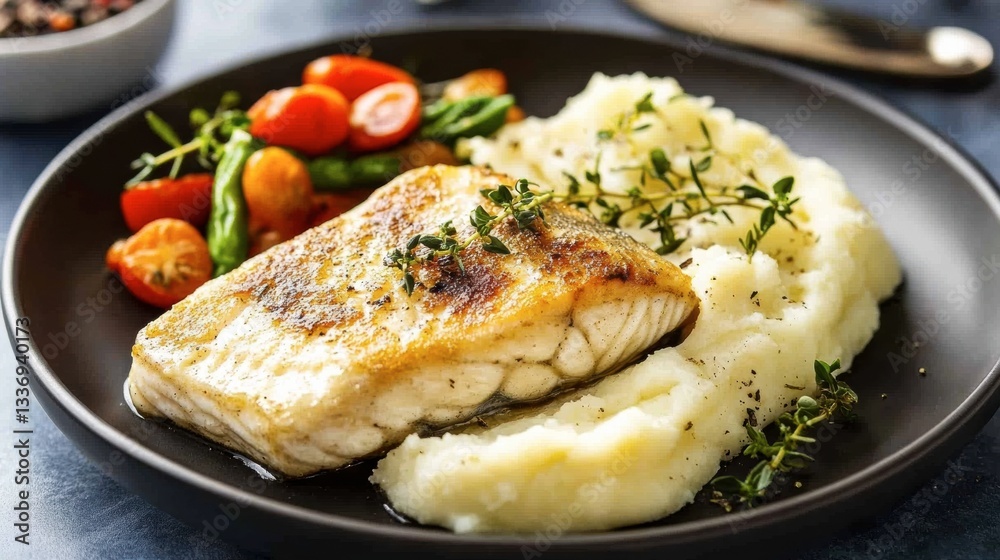 A beautifully plated dish of seared fish with mashed potatoes and a side of vegetables A beautifully plated dish of seared fish with mashed potatoes and a side of vegetables