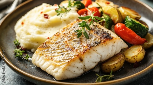 A beautifully plated dish of seared fish with mashed potatoes and a side of vegetables