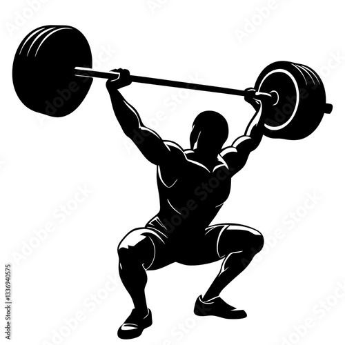vector silhouette ink drawing of a weightlifter lifting a big barbell.  
