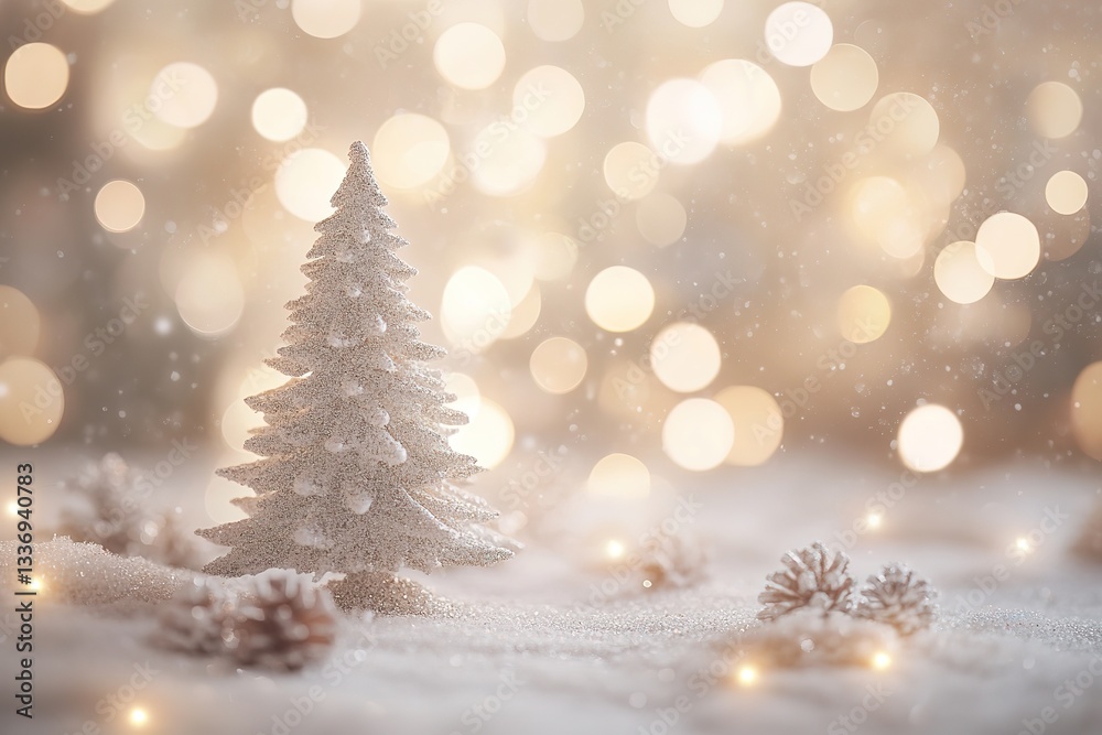 Sparkling Silver Christmas Tree in Snowy Winter Wonderland with Bokeh Lights Sparkling Silver Christmas Tree in Snowy Winter Wonderland with Bokeh Lights