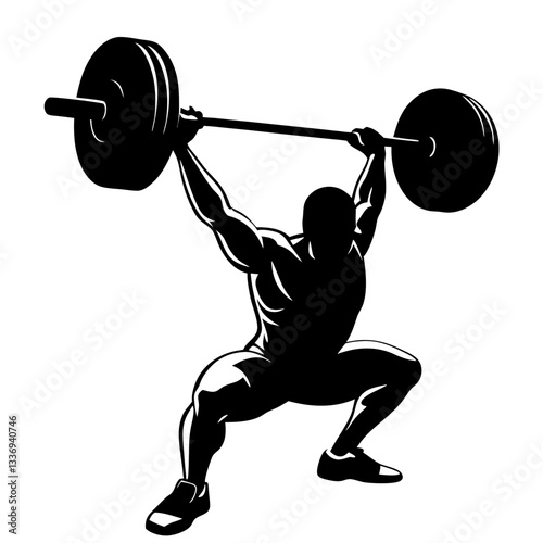 vector silhouette ink drawing of a weightlifter lifting a big barbell.  