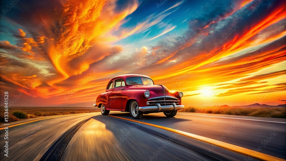 Surreal Summer Drive: Red Classic Car on Asphalt Road Surreal Summer Drive: Red Classic Car on Asphalt Road