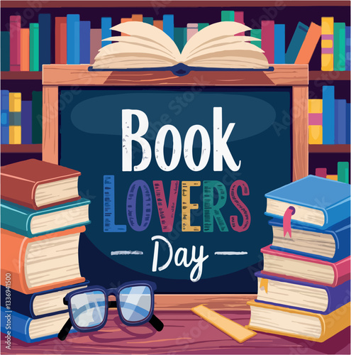 illustration, vector, library, happy, book, pink, poster, book lover, reading, banner, knowledge, bookstore, flat design, concept, student, template, story, open, background, badge, heart, valentine, 