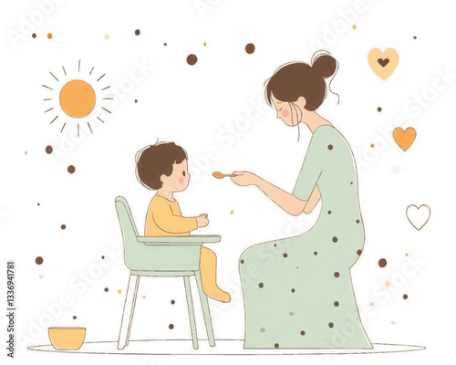 Adorable Mother Feeding Child Vector Illustration: High Chair, Sun, Hearts, Warm Colors, Wholesome Family Scene for Children's Book or Nursery Wall Art
