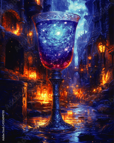 Enchanted Chalice of Galaxies in Mystical Fantasy Alleyway with Glowing Lanterns and Celestial Reflections Under Starry Night Sky | Magical Vector Art