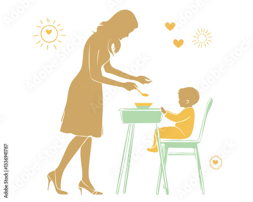 Loving Mother Feeding Baby in Highchair Vector Illustration - Heartful Parenting Scene with Sun and Heart Icons for Family Care and Child Nutrition