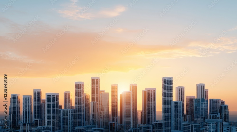 Fototapeta premium City skyline at sunset with modern buildings silhouetted against a colorful sky.