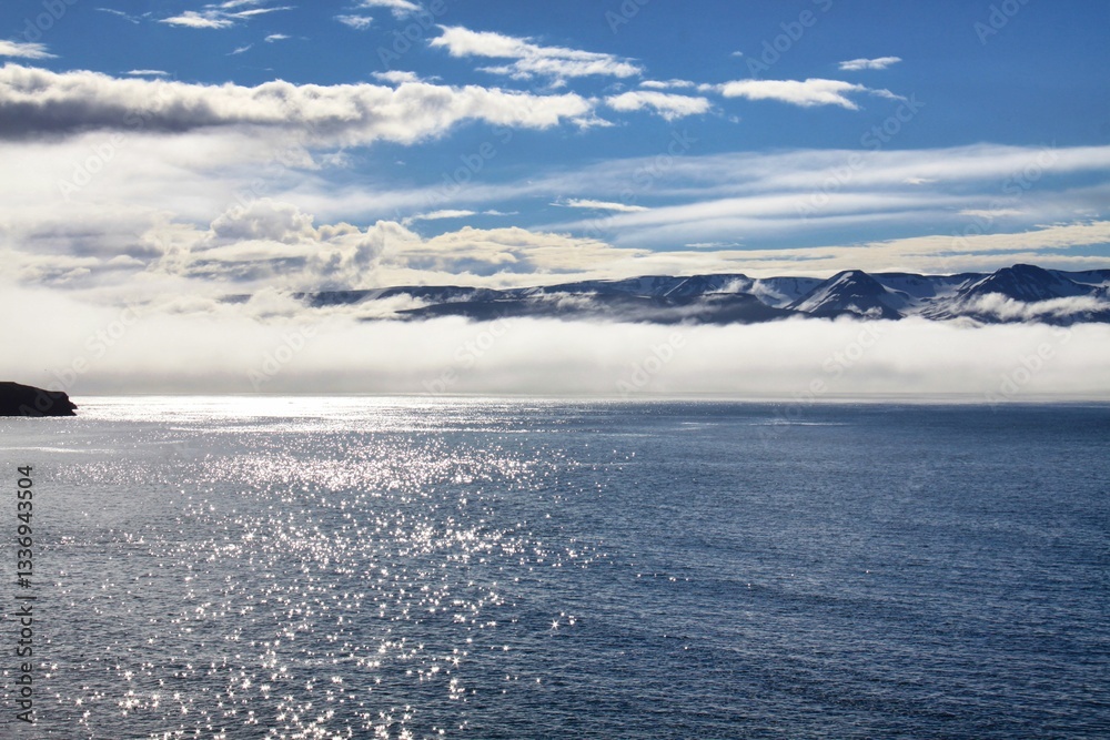Naklejka premium la nebbia nel fiordo a Husavik in islanda