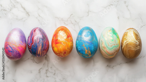 Marbled Easter eggs with gold and copy space