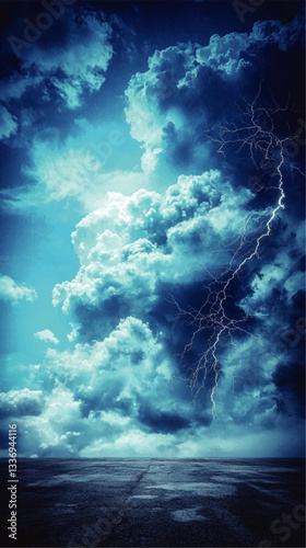 Dramatic Vector Art of Thunderstorm with Striking Lightning Bolts in Dark Cloudy Sky Over Desolate Ground - Captivating Atmospheric Weather Illustration