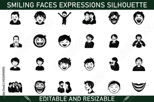 Smiling Faces Expressions Silhouette Icons Editable and Resizable Vector Graphics