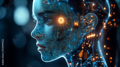 Cybernetic AI Robot with Digital Neural Interface – Futuristic Artificial Intelligence, Machine Learning, and Technological Evolution in a Sci-Fi Data Network with Glowing Cyber Connections