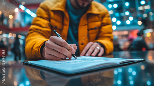 Focused Man Writing in a Notebook at a Modern Café – Creative Thinking, Goal Planning, and Productivity Concept with a Stylish Writer in a Cozy Coffee Shop with Warm Lighting and Urban Ambiance