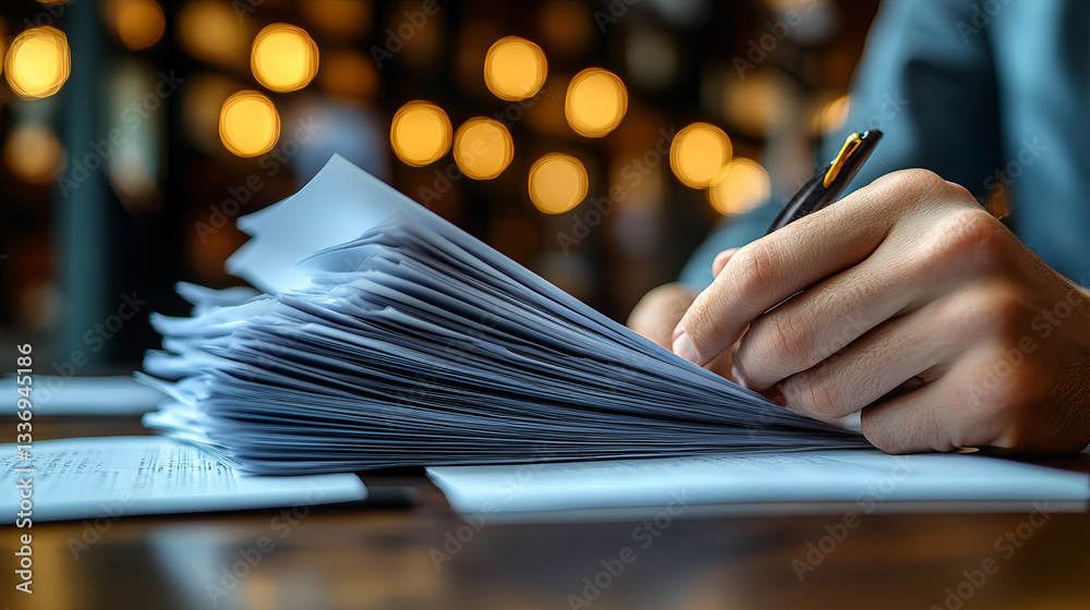 Close-up of a Professional Writer’s Hand Holding a Pen, Working on a Stack of Papers – Research, Business Reports, Editing, Document Review, and Productivity in a Cozy Office with Warm Lighting