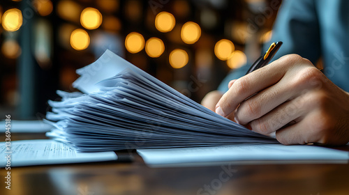 Obraz na płótnie Close-up of a Professional Writer’s Hand Holding a Pen, Working on a Stack of Papers – Research, Business Reports, Editing, Document Review, and Productivity in a Cozy Office with Warm Lighting w salonie