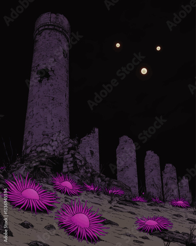 Mysterious Nighttime Ruins with Vibrant Purple Flowers and Glowing Celestial Orbs Vector Art | Enchanting Gothic Landscape and Fantasy Illustration