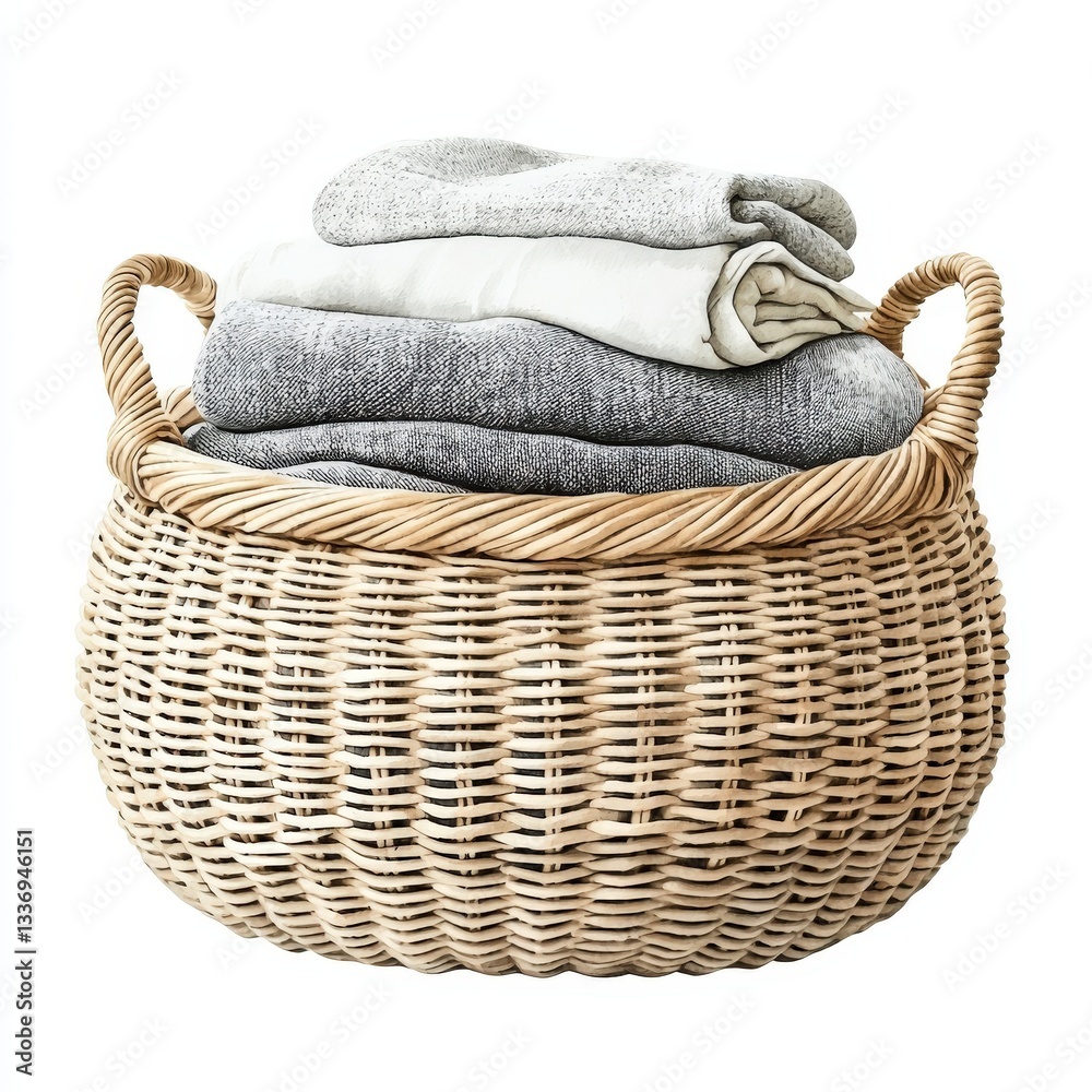 Obraz premium Woven basket filled with neatly folded blankets in neutral colors.
