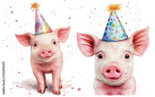 drawing portrait of cute little baby pig with birthday cap isolated on transparent background