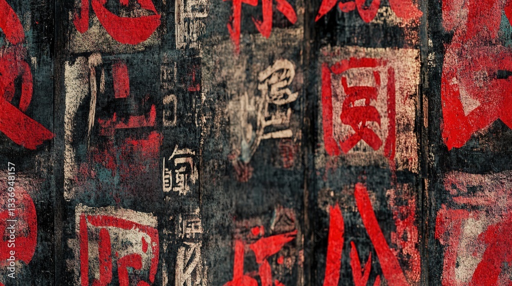 Fototapeta premium seamless pattern grungy wall with Asian red letter on it , graffiti wall oriental style