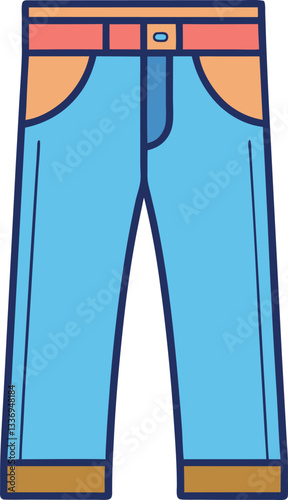 Blue Jeans Vector Illustration with Brown Accents, Vector illustration of blue jeans featuring a brown belt, matching pockets, and a cuffed hem, designed in a modern flat style with bold outlines.  

