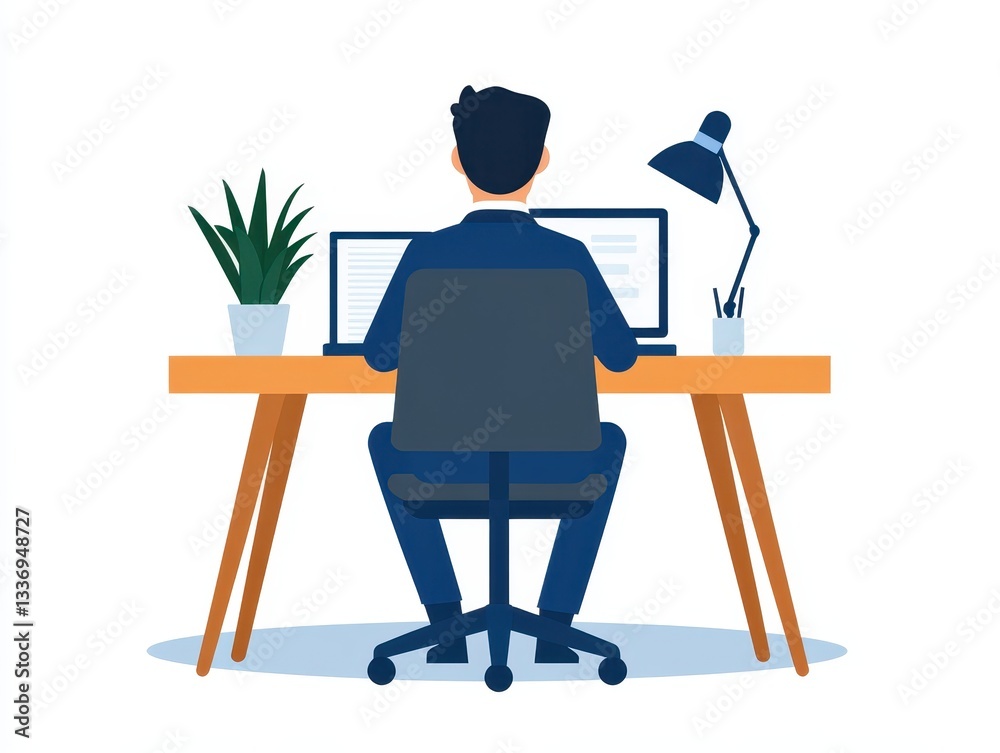 Fototapeta premium Man working at a desk with a laptop, plants, and a lamp in a modern office