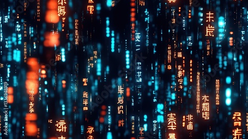 Wallpaper Mural digital information data floating in air in many languages, neon message glowing on dark, data center and digital footprint concept   Torontodigital.ca