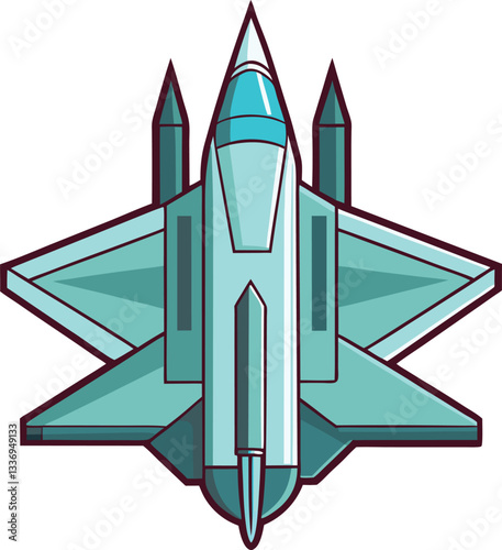 Modern Fighter Jet Vector Illustration, Vector illustration of a modern fighter jet with a sleek aerodynamic design, sharp angles, and a blue-toned color scheme.  
