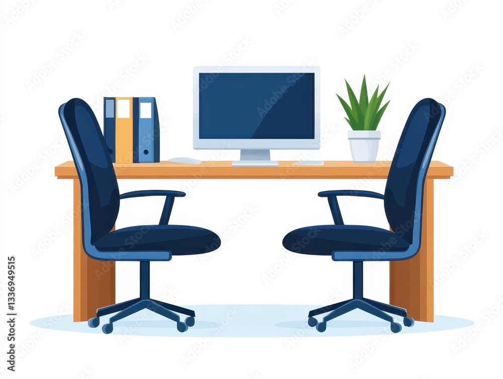 Fototapeta premium Modern office workspace featuring a desk, computer, and two chairs with a plant