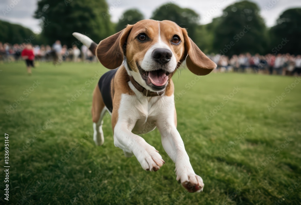 beagle dog running happy in urban park on the city, doggy playing on the grass beagle dog running happy in urban park on the city, doggy playing on the grass