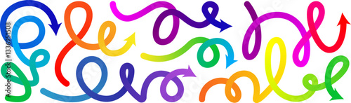 Gradient line arrow vector set. Curved shape doodle icon element, gradation squiggly brush bg. Up and down direction scribble stroke carnival pattern. Change plan graphic sign, color circle curly bold