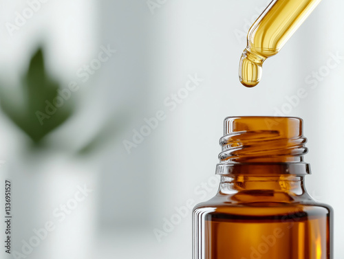 A luxurious glass serum bottle with a sleek dropper, a single drop of golden essential oil falling into the bottle